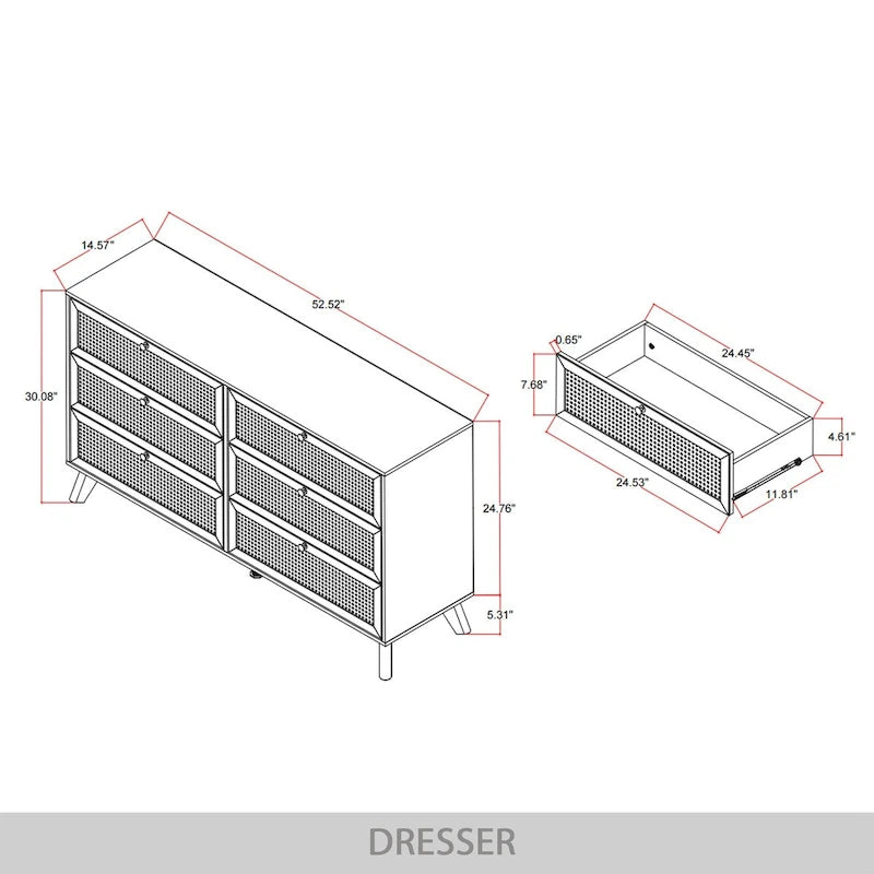 Commode noire de style Mid-Century Modern avec 6 tiroirs