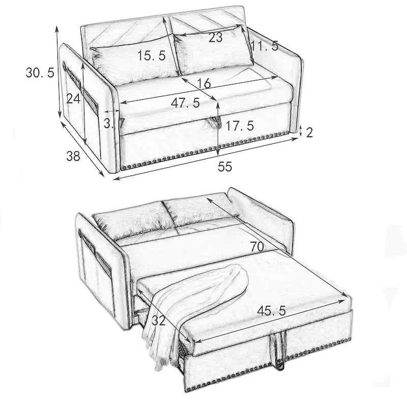 Canapé convertible avec lit gigogne et revêtement en velours