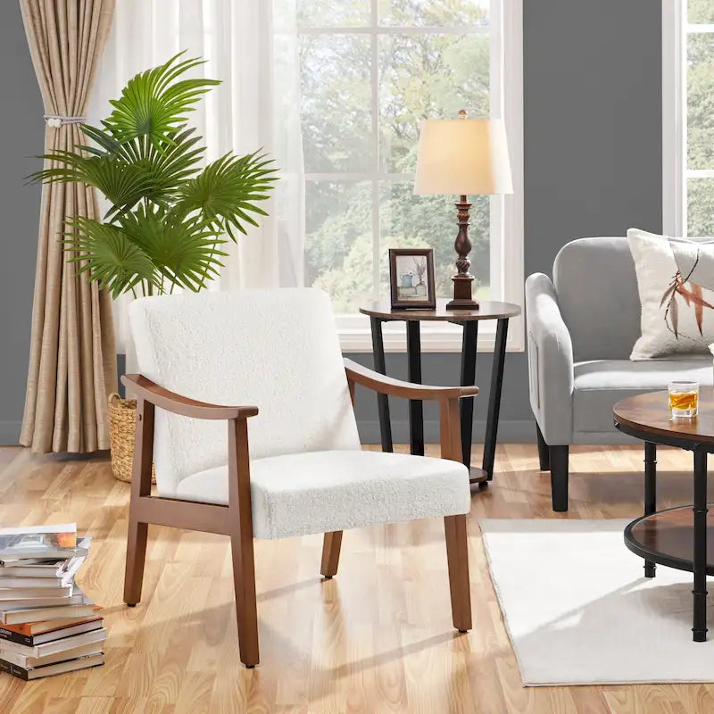 Fauteuil d'appoint rembourré en bouclette avec pieds en bois massif