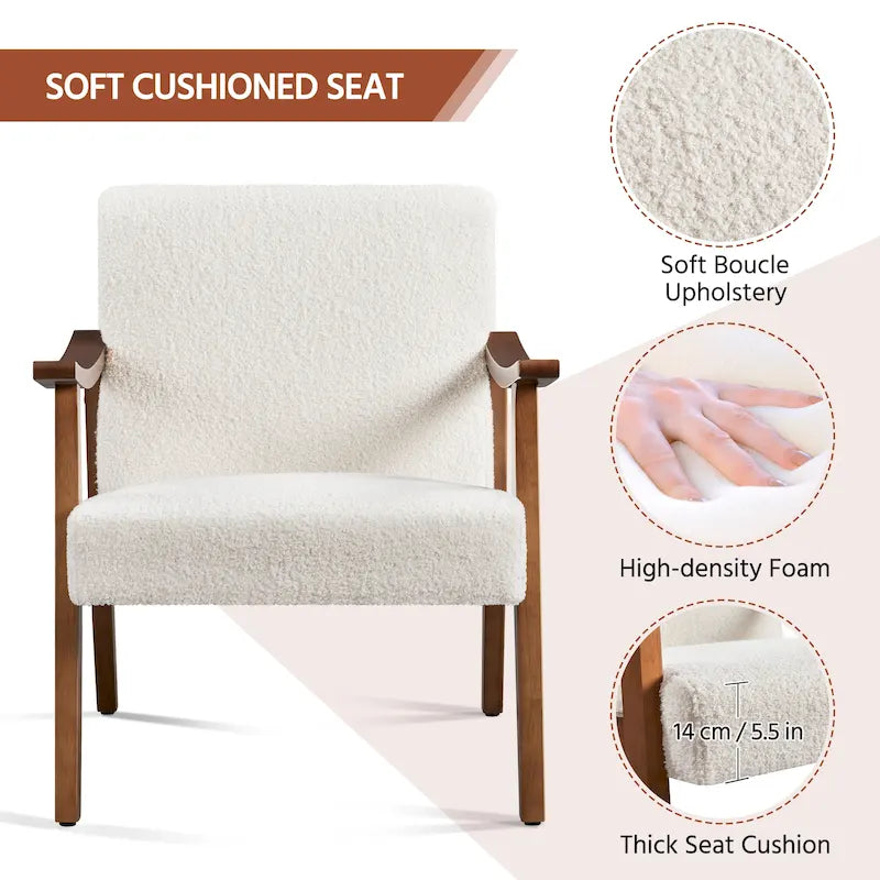 Fauteuil d'appoint rembourré en bouclette avec pieds en bois massif