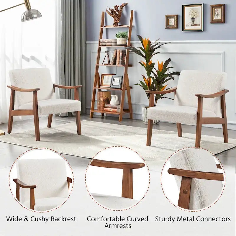Fauteuil d'appoint rembourré en bouclette avec pieds en bois massif