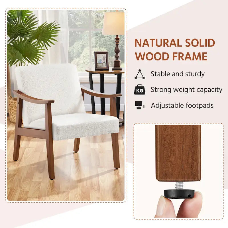 Fauteuil d'appoint rembourré en bouclette avec pieds en bois massif