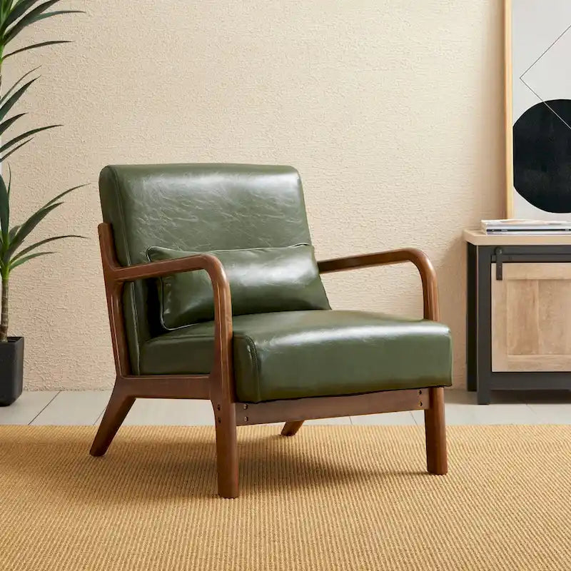 Fauteuil d'appoint moderne du milieu du siècle en cuir PU avec oreiller – 25.75"L x 33.75"P x 30.75"H