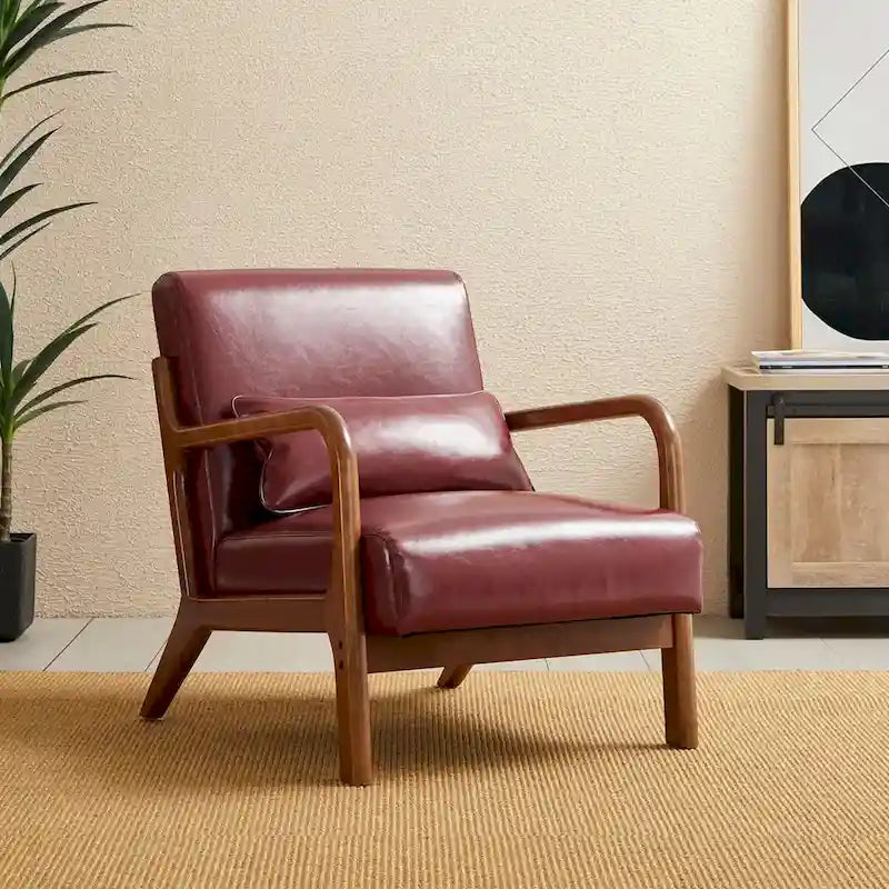 Fauteuil d'appoint moderne du milieu du siècle en cuir PU avec oreiller – 25.75"L x 33.75"P x 30.75"H
