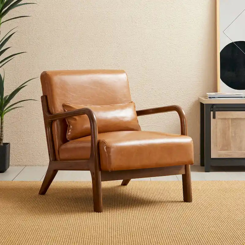 Fauteuil d'appoint moderne du milieu du siècle en cuir PU avec oreiller – 25.75"L x 33.75"P x 30.75"H