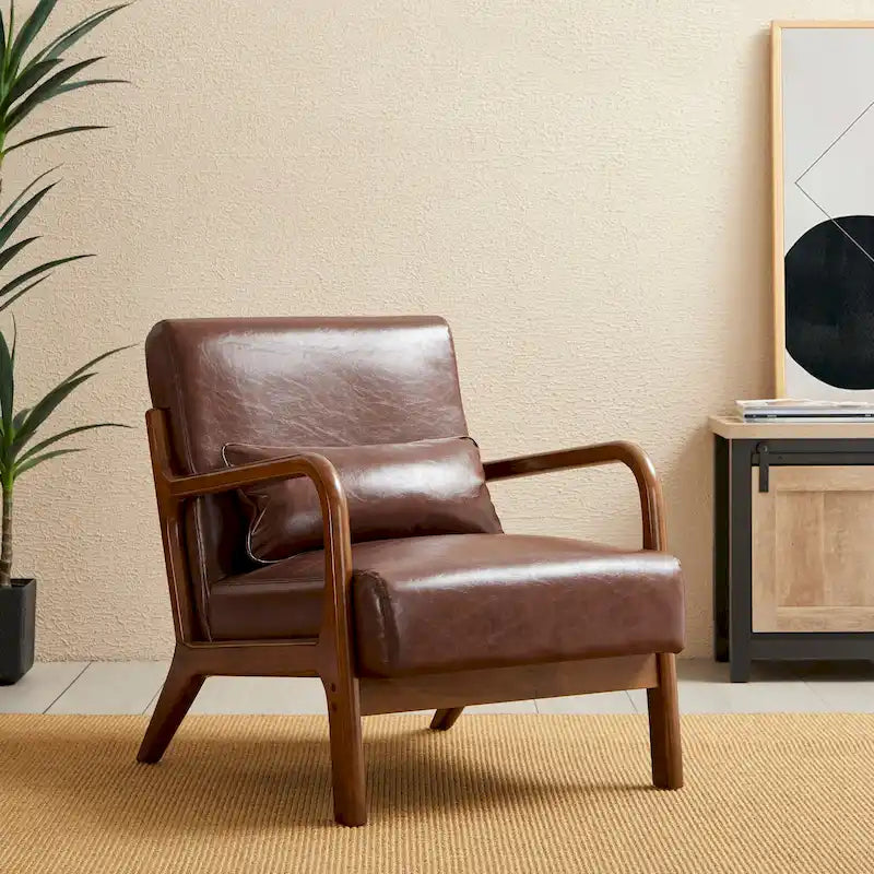 Fauteuil d'appoint moderne du milieu du siècle en cuir PU avec oreiller – 25.75"L x 33.75"P x 30.75"H