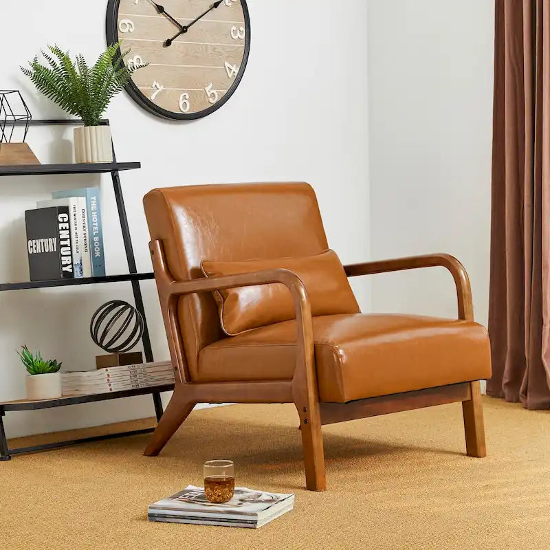 Fauteuil d'appoint moderne du milieu du siècle en cuir PU avec oreiller – 25.75"L x 33.75"P x 30.75"H