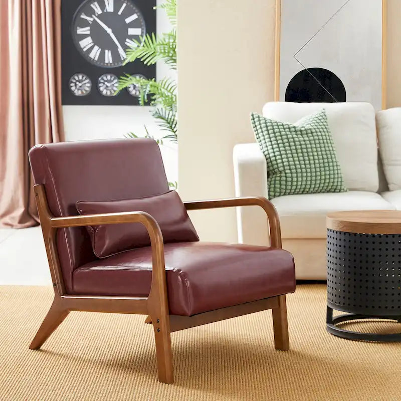 Fauteuil d'appoint moderne du milieu du siècle en cuir PU avec oreiller – 25.75"L x 33.75"P x 30.75"H