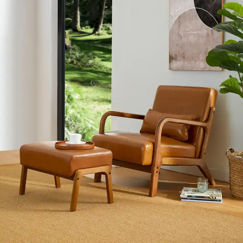 Fauteuil d'appoint moderne du milieu du siècle en cuir PU avec oreiller – 25.75"L x 33.75"P x 30.75"H
