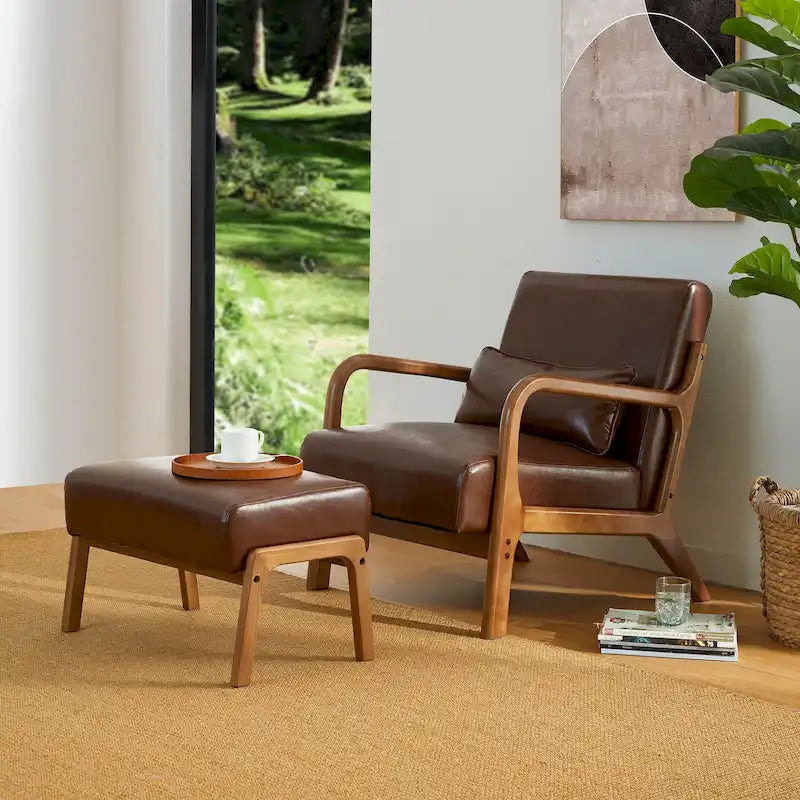 Fauteuil d'appoint moderne du milieu du siècle en cuir PU avec oreiller – 25.75"L x 33.75"P x 30.75"H
