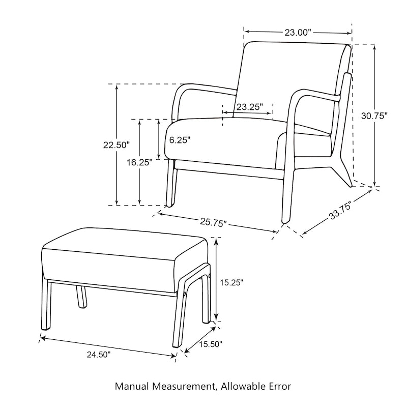 Fauteuil d'appoint moderne du milieu du siècle en cuir PU avec oreiller – 25.75"L x 33.75"P x 30.75"H