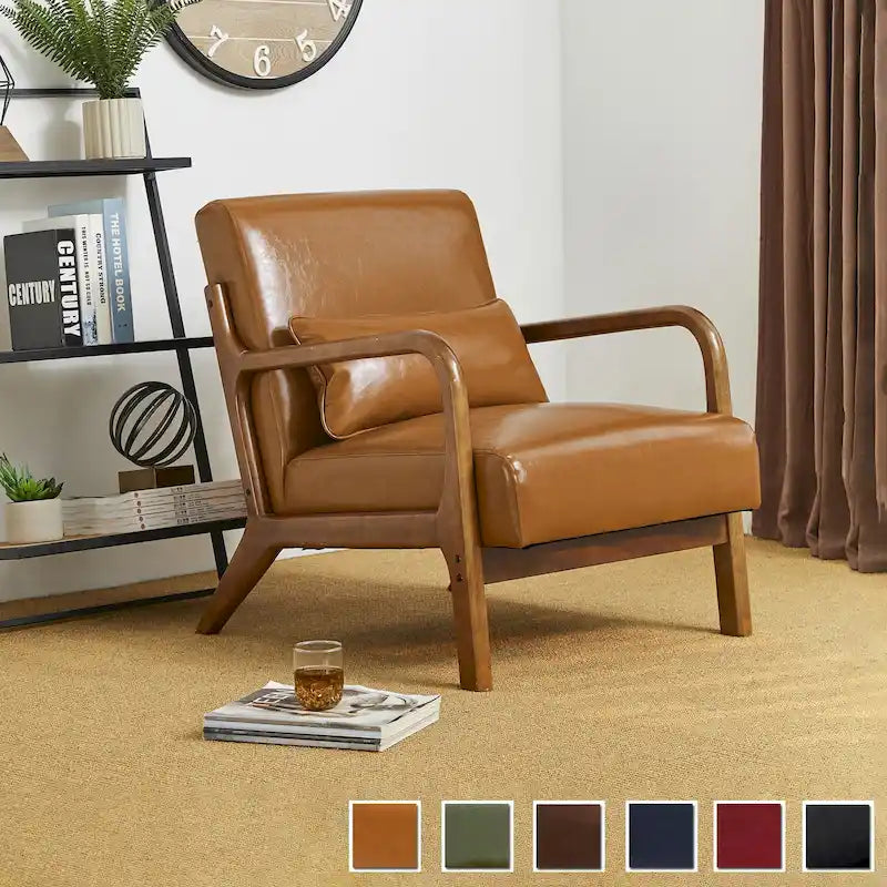 Fauteuil d'appoint moderne du milieu du siècle en cuir PU avec oreiller – 25.75"L x 33.75"P x 30.75"H