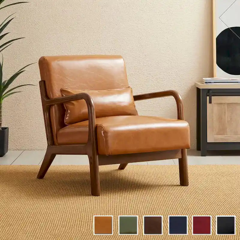 Fauteuil d'appoint moderne du milieu du siècle en cuir PU avec oreiller – 25.75"L x 33.75"P x 30.75"H