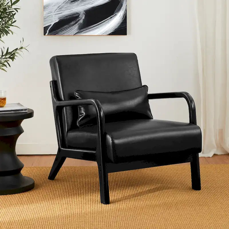 Fauteuil d'appoint moderne du milieu du siècle en cuir PU avec oreiller – 25.75"L x 33.75"P x 30.75"H