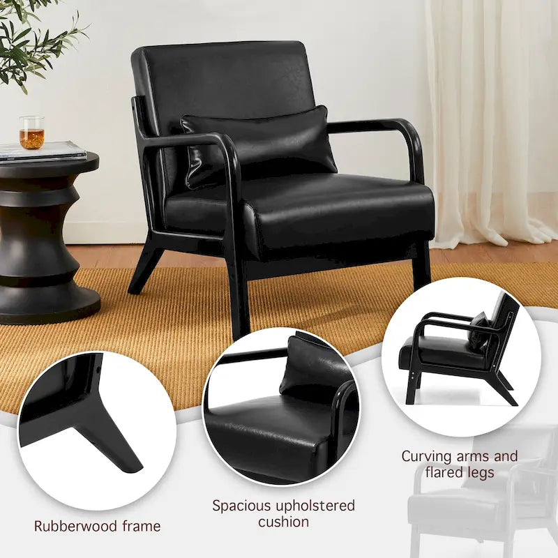 Fauteuil d'appoint moderne du milieu du siècle en cuir PU avec oreiller – 25.75"L x 33.75"P x 30.75"H