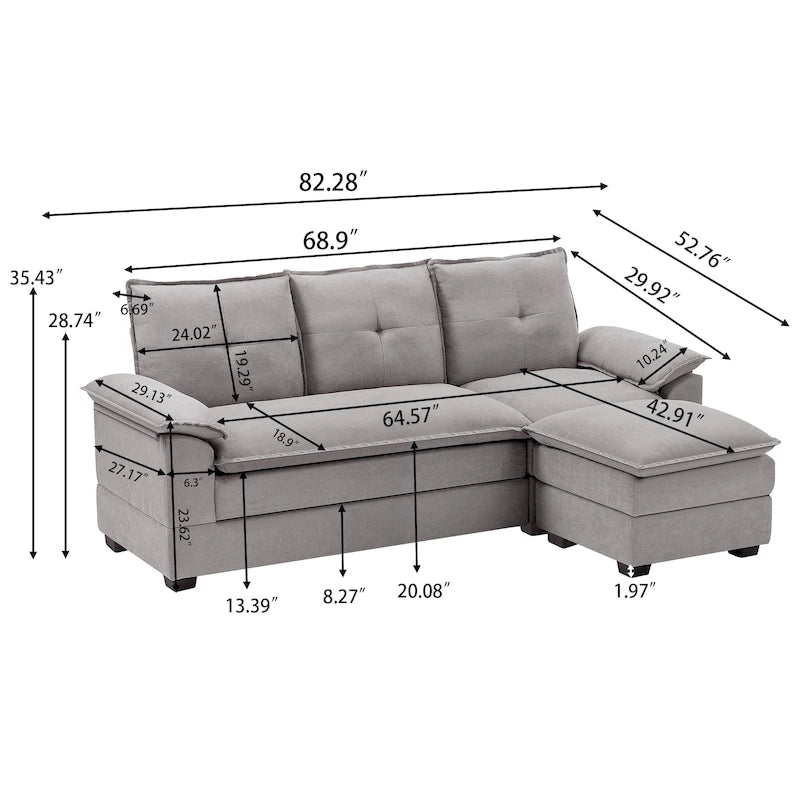 Canapé d'angle en L avec pouf, 208 cm