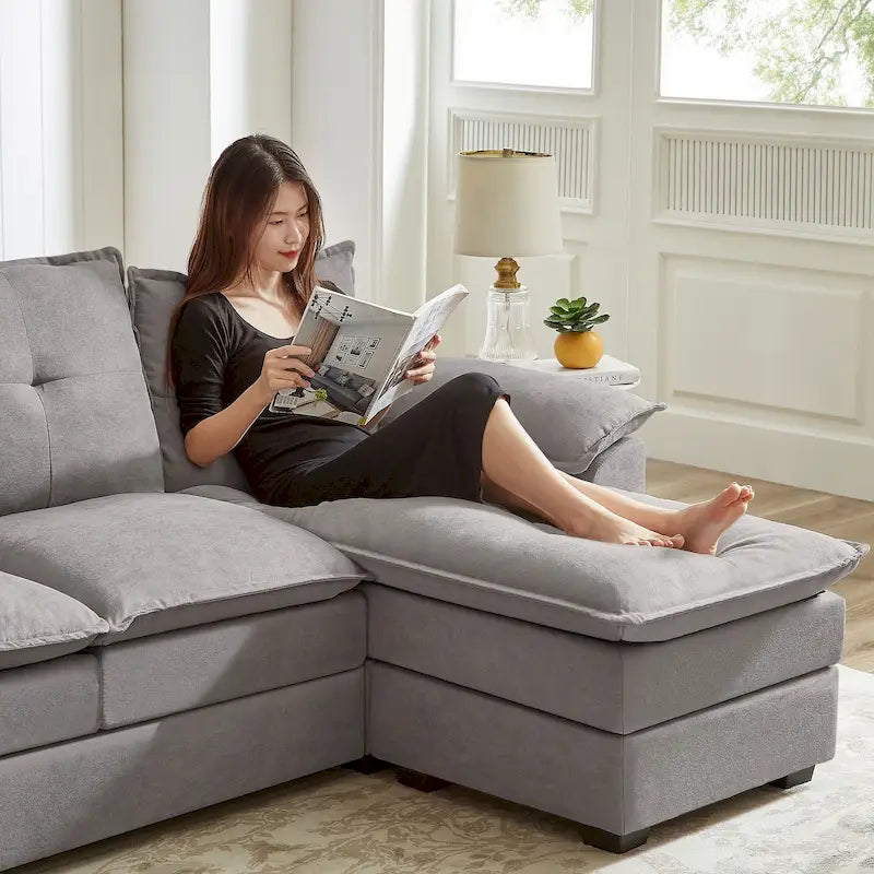 Canapé d'angle en L avec pouf, 208 cm