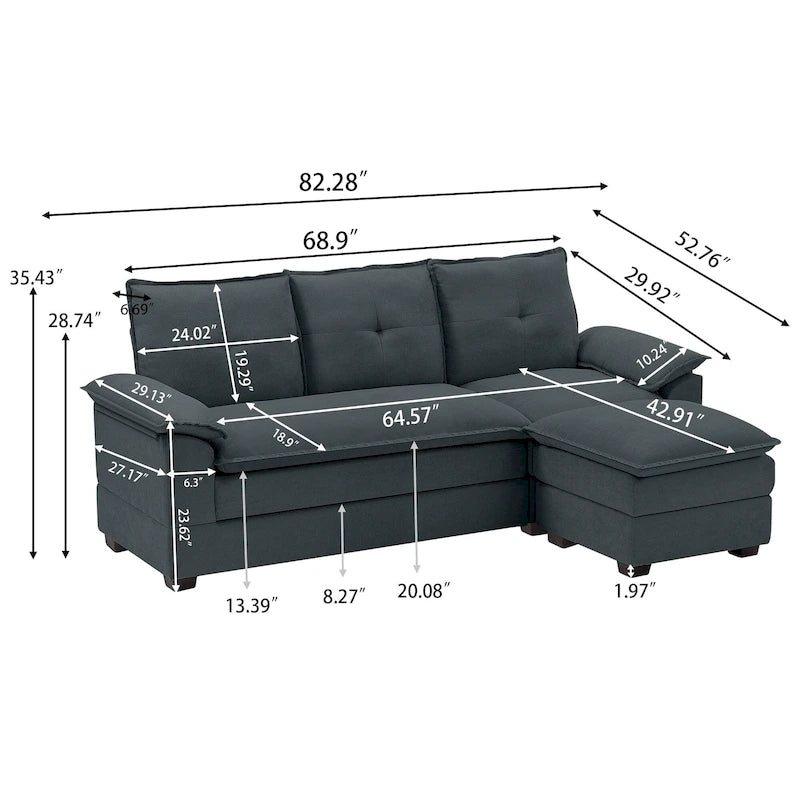 Canapé d'angle en L avec pouf, 208 cm