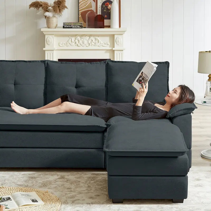 Canapé d'angle en L avec pouf, 208 cm