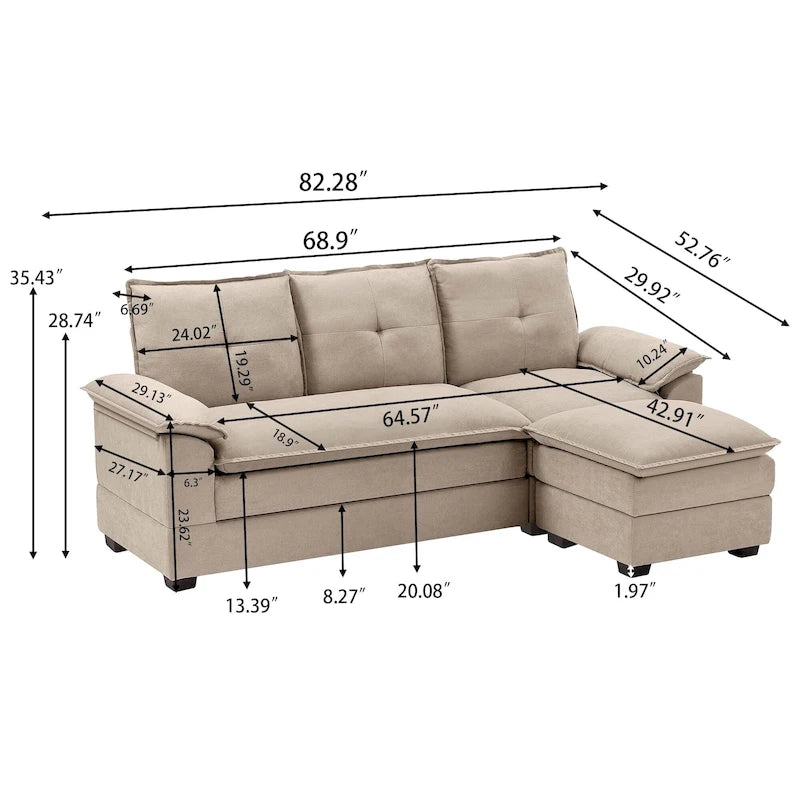 Canapé d'angle en L avec pouf, 208 cm